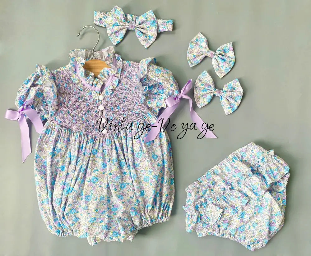 NEW☀️BELLE BLUE & LILAC FLOWERS HAND-SMOCKED ROMPER & HAIR BOWS🎀 NB-1M Baby & Toddler Outfits
