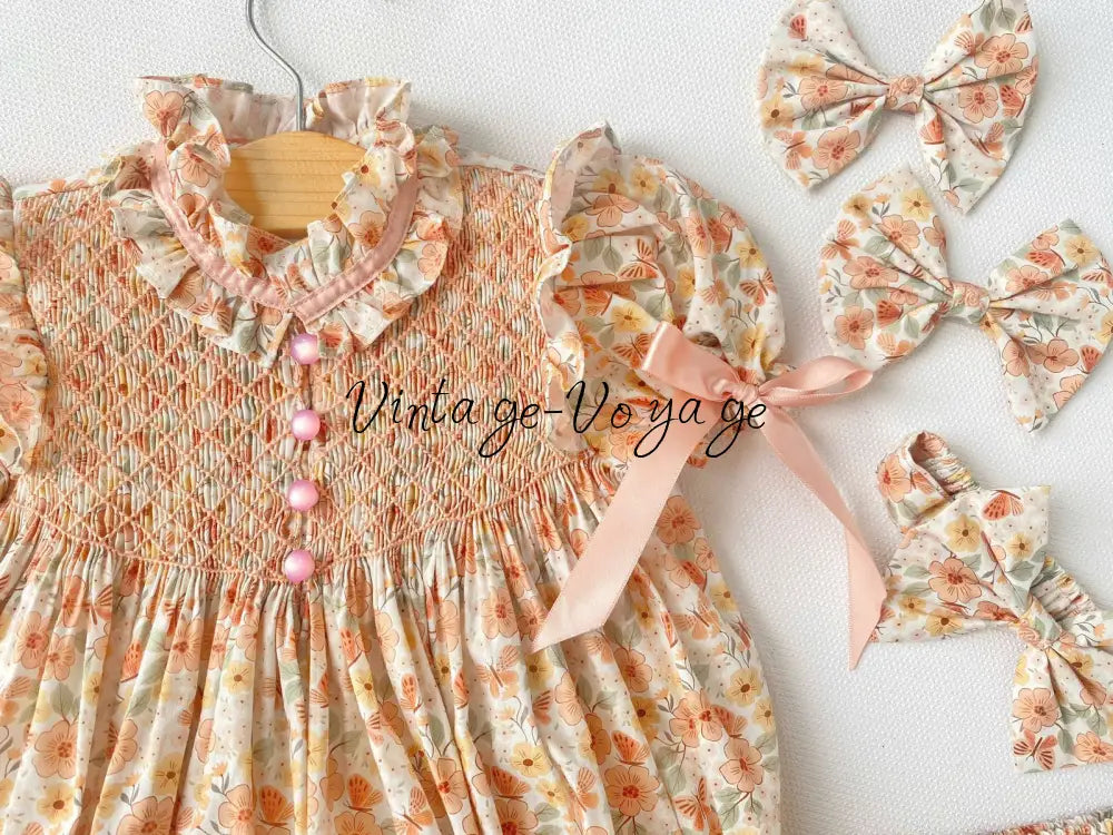 NEW☀️BELLE PEACH FLOWERS HAND-SMOCKED ROMPER & HAIR BOWS🎀 Baby & Toddler Outfits