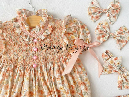 NEW☀️BELLE PEACH FLOWERS HAND-SMOCKED ROMPER & HAIR BOWS🎀 Baby & Toddler Outfits