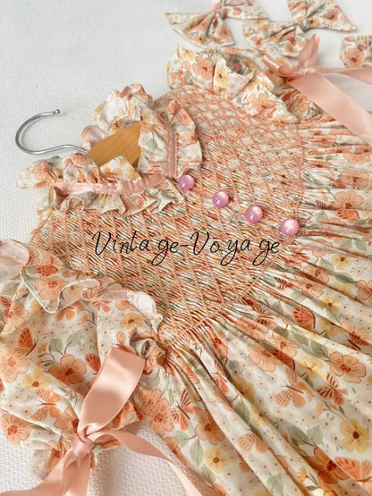 NEW☀️BELLE PEACH FLOWERS HAND-SMOCKED ROMPER & HAIR BOWS🎀 Baby & Toddler Outfits