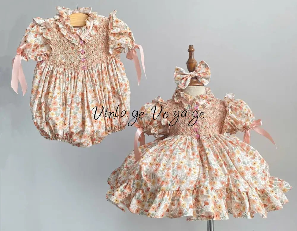 NEW☀️BELLE PEACH FLOWERS HAND-SMOCKED ROMPER & HAIR BOWS🎀 Baby & Toddler Outfits