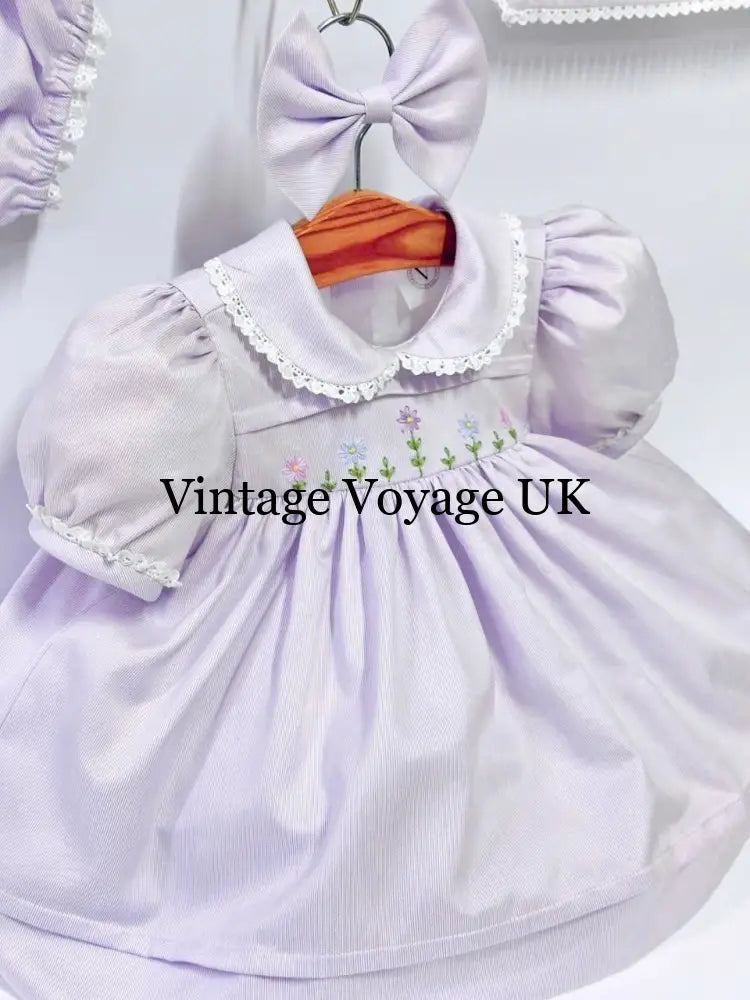 PRE ORDER&GET NEXT WEEK!NEW!BLOSSOM PALE LILAC HAND EMBROIDERED DRESS,KNICKERS,BIB & HEADBAND OUTFIT Baby & Toddler