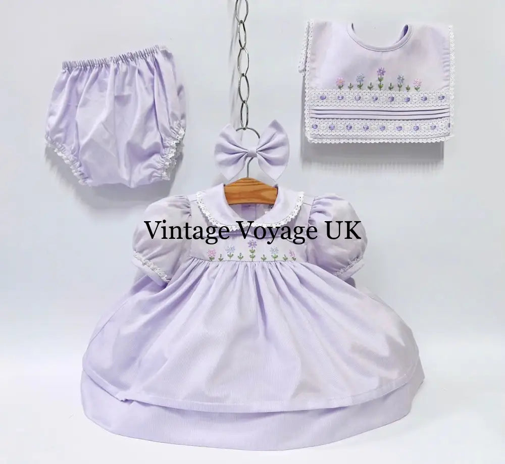 PRE ORDER&GET NEXT WEEK!NEW!BLOSSOM PALE LILAC HAND EMBROIDERED DRESS,KNICKERS,BIB & HEADBAND OUTFIT Baby & Toddler