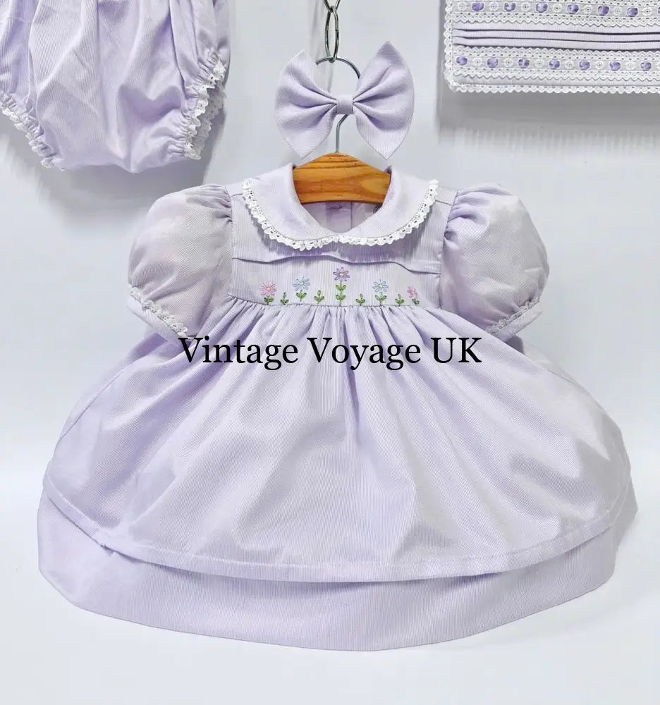 PRE ORDER&GET NEXT WEEK!NEW!BLOSSOM PALE LILAC HAND EMBROIDERED DRESS,KNICKERS,BIB & HEADBAND OUTFIT NB 1 months Baby &