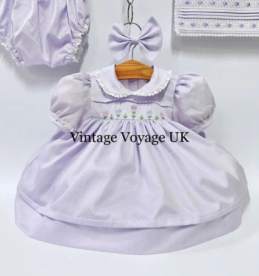 PRE ORDER&GET NEXT WEEK!NEW!BLOSSOM PALE LILAC HAND EMBROIDERED DRESS,KNICKERS,BIB & HEADBAND OUTFIT NB 1 months Baby &