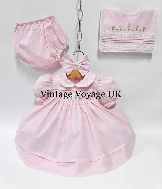 PRE ORDER&GET NEXT WEEK!NEW!BLOSSOM PINK HAND EMBROIDERED DRESS,KNICKERS,BIB & HEADBAND OUTFIT NB 1M Baby & Toddler