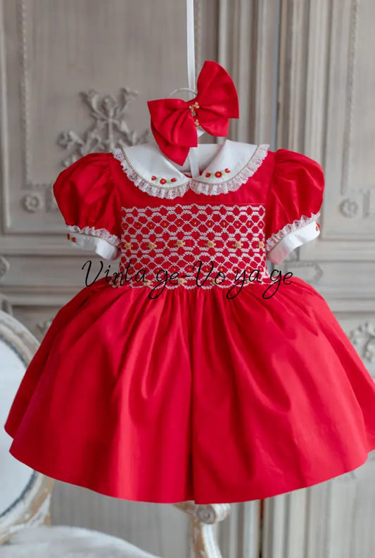 NEW🤩CAROL🎄🤶RED & GOLD HAND-SMOCKED🧵🪡👑DRESS,PANTIES & HAIR ACCESSORIES🎀 3-6 months Baby & Toddler Dresses