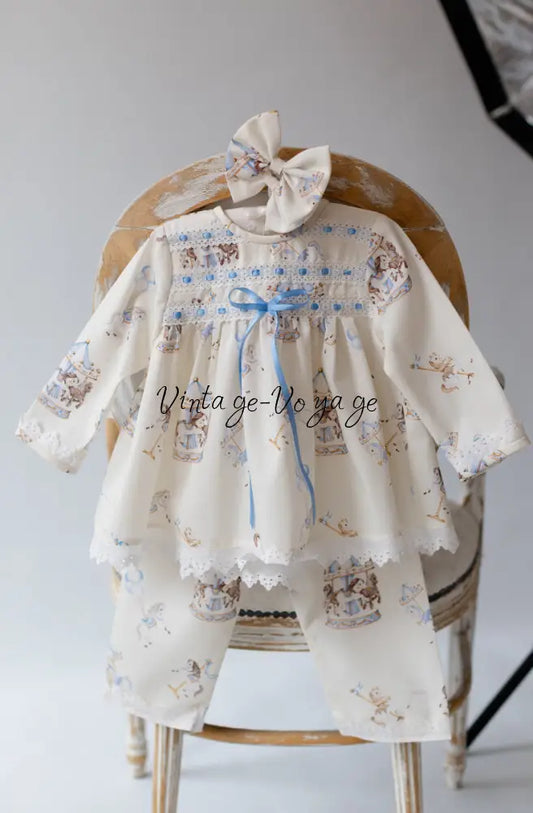 NEW‼️CAROUSEL BLUE🩵CUSTOM PRINTED PYJAMA & BOWS SET🎀🎀 pyjama set