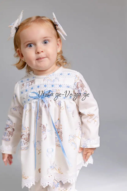 NEW‼️CAROUSEL BLUE🩵CUSTOM PRINTED PYJAMA & BOWS SET🎀🎀 pyjama set
