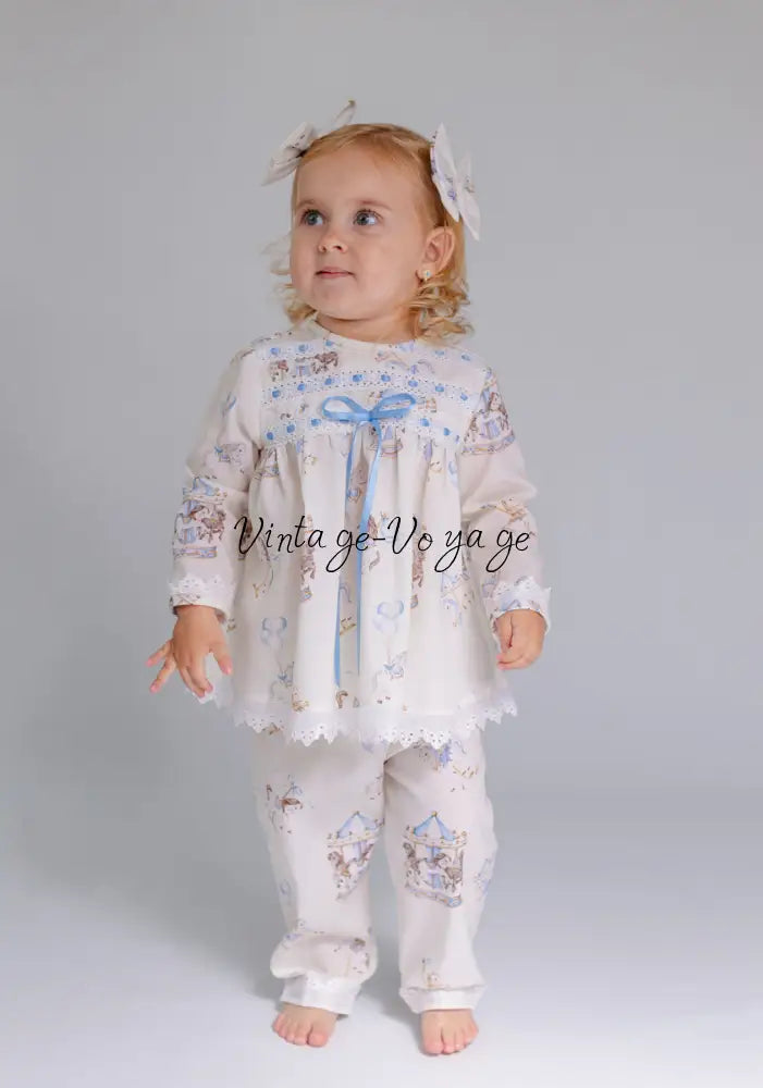 NEW‼️CAROUSEL BLUE🩵CUSTOM PRINTED PYJAMA & BOWS SET🎀🎀 pyjama set
