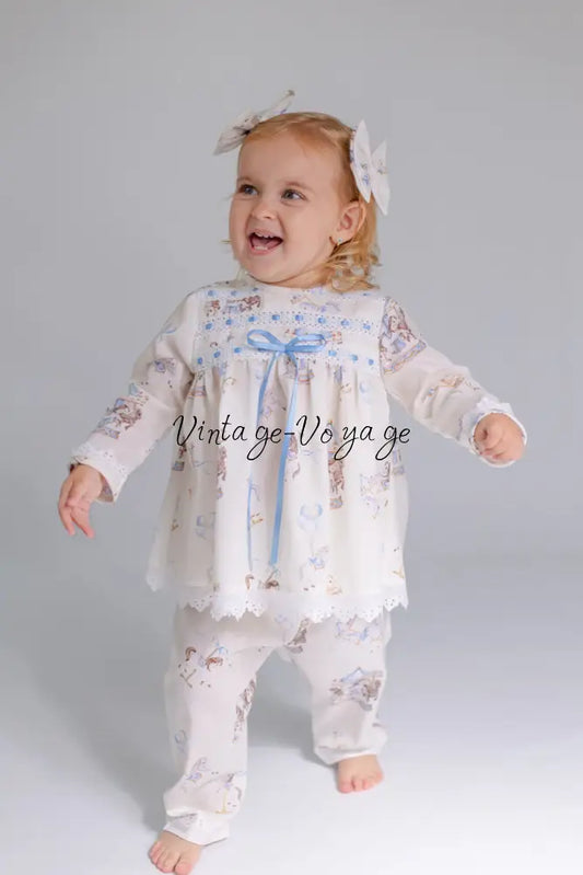NEW‼️CAROUSEL BLUE🩵CUSTOM PRINTED PYJAMA & BOWS SET🎀🎀 pyjama set