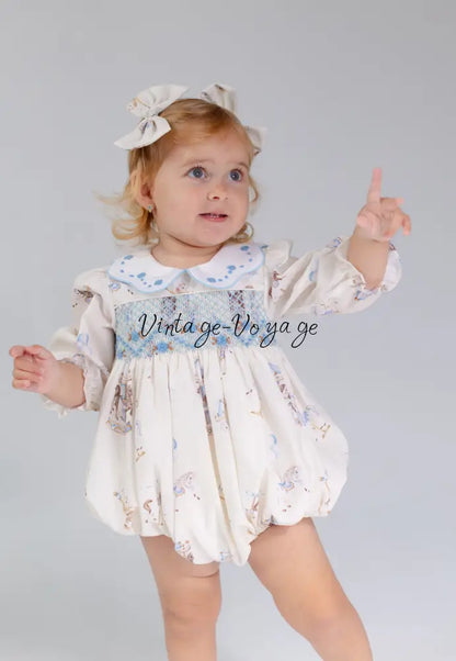 NEW🤩CAROUSEL BLUE🩵HAND-SMOCKED🧵🪡CUSTOM PRINT BABY ROMPER SET🎀 Baby & Toddler Outfits