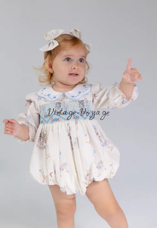 NEW🤩CAROUSEL BLUE🩵HAND-SMOCKED🧵🪡CUSTOM PRINT BABY ROMPER SET🎀 Baby & Toddler Outfits