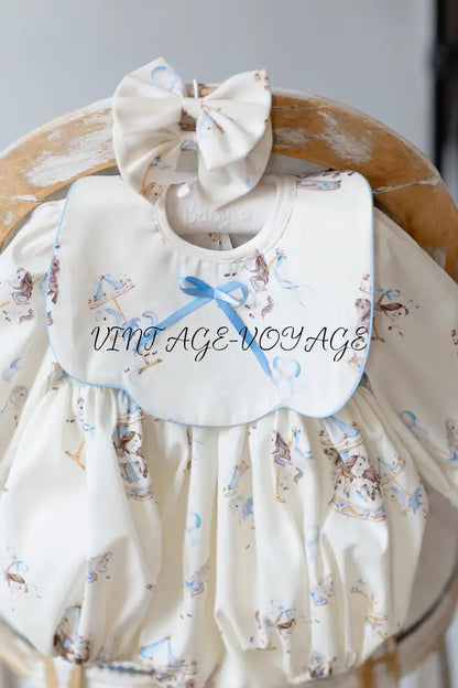 NEW🤩CAROUSEL BLUE🩵HAND-SMOCKED🧵🪡CUSTOM PRINT BABY ROMPER SET🎀 Baby & Toddler Outfits