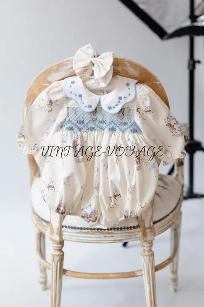 NEW🤩CAROUSEL BLUE🩵HAND-SMOCKED🧵🪡CUSTOM PRINT BABY ROMPER SET🎀 Baby & Toddler Outfits