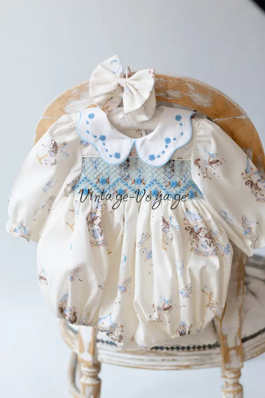 NEW🤩CAROUSEL BLUE🩵HAND-SMOCKED🧵🪡CUSTOM PRINT BABY ROMPER SET🎀 Baby & Toddler Outfits