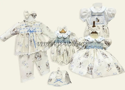 PRE-ORDER&GET NEXT WEEK! NEW! CAROUSEL BLUE HAND-SMOCKED CUSTOM PRINT BABY ROMPER SET Baby & Toddler Outfits