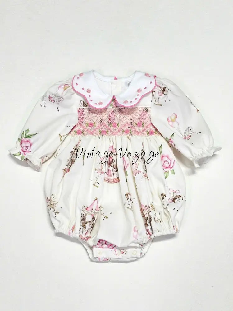 PRE-ORDER&GET NEXT WEEK! NEW! CAROUSEL PINK HAND-SMOCKED CUSTOM PRINT BABY ROMPER SET NB-1 months Baby & Toddler Outfits