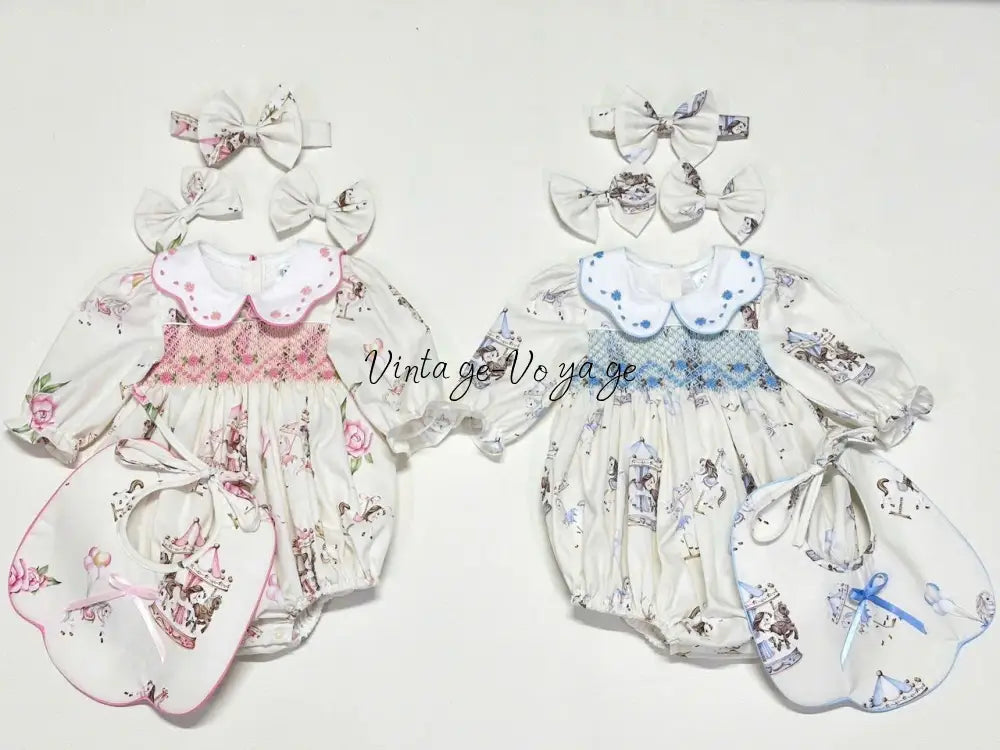 PRE-ORDER&GET NEXT WEEK! NEW! CAROUSEL PINK HAND-SMOCKED CUSTOM PRINT BABY ROMPER SET Baby & Toddler Outfits