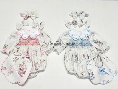 PRE-ORDER&GET NEXT WEEK! NEW! CAROUSEL PINK HAND-SMOCKED CUSTOM PRINT BABY ROMPER SET Baby & Toddler Outfits