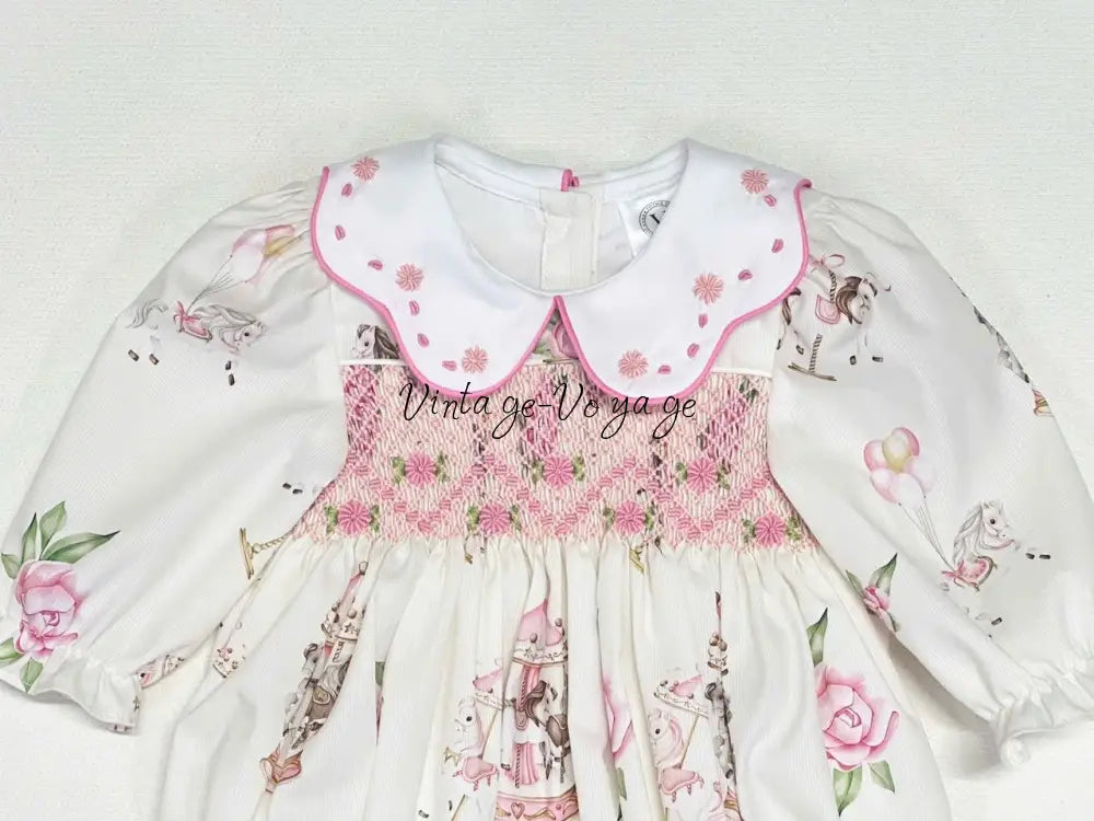 PRE-ORDER&GET NEXT WEEK! NEW! CAROUSEL PINK HAND-SMOCKED CUSTOM PRINT BABY ROMPER SET Baby & Toddler Outfits