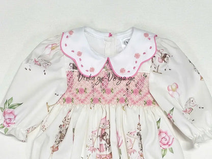 PRE-ORDER&GET NEXT WEEK! NEW! CAROUSEL PINK HAND-SMOCKED CUSTOM PRINT BABY ROMPER SET Baby & Toddler Outfits
