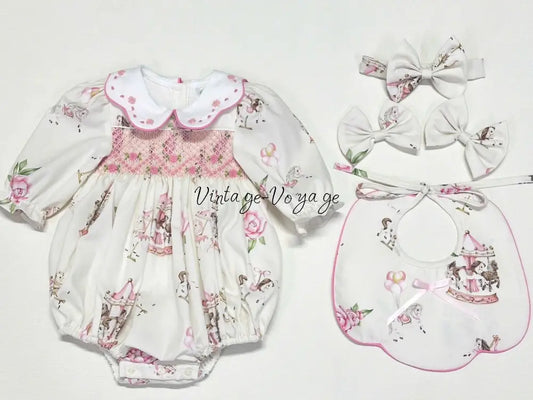 PRE-ORDER&GET NEXT WEEK! NEW! CAROUSEL PINK HAND-SMOCKED CUSTOM PRINT BABY ROMPER SET Baby & Toddler Outfits