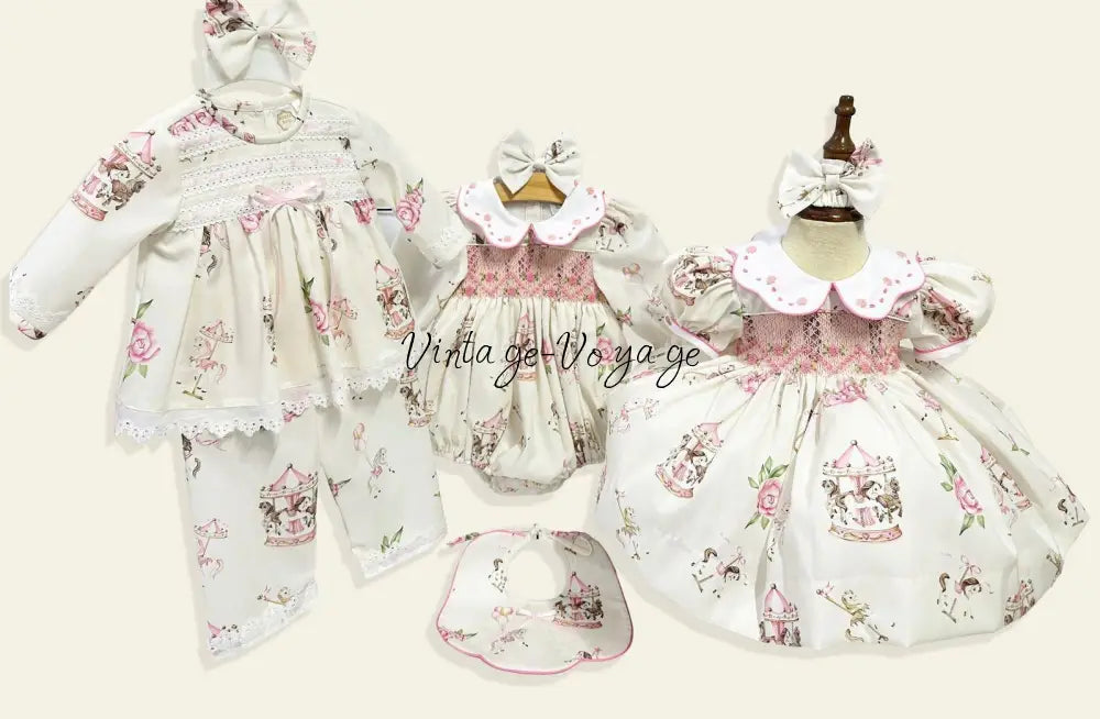 PRE-ORDER&GET NEXT WEEK! NEW! CAROUSEL PINK HAND-SMOCKED CUSTOM PRINT BABY ROMPER SET Baby & Toddler Outfits