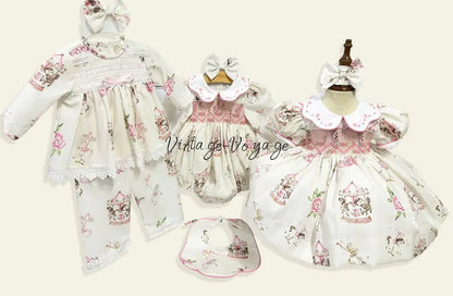 PRE-ORDER&GET NEXT WEEK! NEW! CAROUSEL PINK HAND-SMOCKED CUSTOM PRINT BABY ROMPER SET Baby & Toddler Outfits