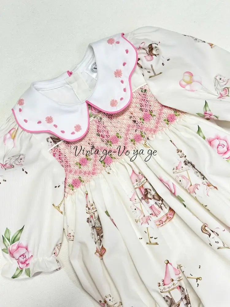 PRE-ORDER&GET NEXT WEEK! NEW! CAROUSEL PINK HAND-SMOCKED CUSTOM PRINT BABY ROMPER SET Baby & Toddler Outfits