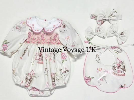 PRE-ORDER&GET NEXT WEEK! NEW! CAROUSEL PINK HAND-SMOCKED CUSTOM PRINT BABY ROMPER SET Baby & Toddler Outfits