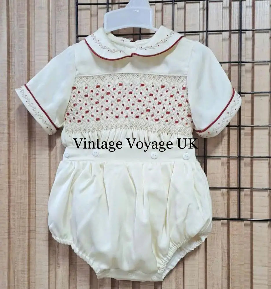 NEW! CHRISTIAN CHAMPAGNE SILK BLEND HAND-SMOCKED BABY BOYS ROMPER/SUIT 0-3 months Baby & Toddler Outfits
