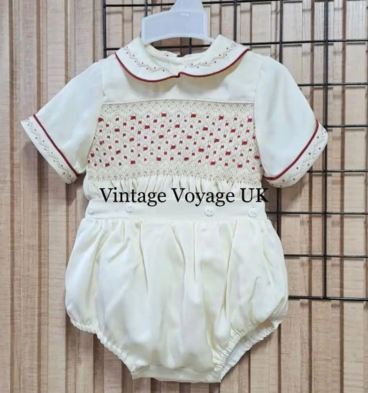 NEW! CHRISTIAN CHAMPAGNE SILK BLEND HAND-SMOCKED BABY BOYS ROMPER/SUIT 0-3 months Baby & Toddler Outfits