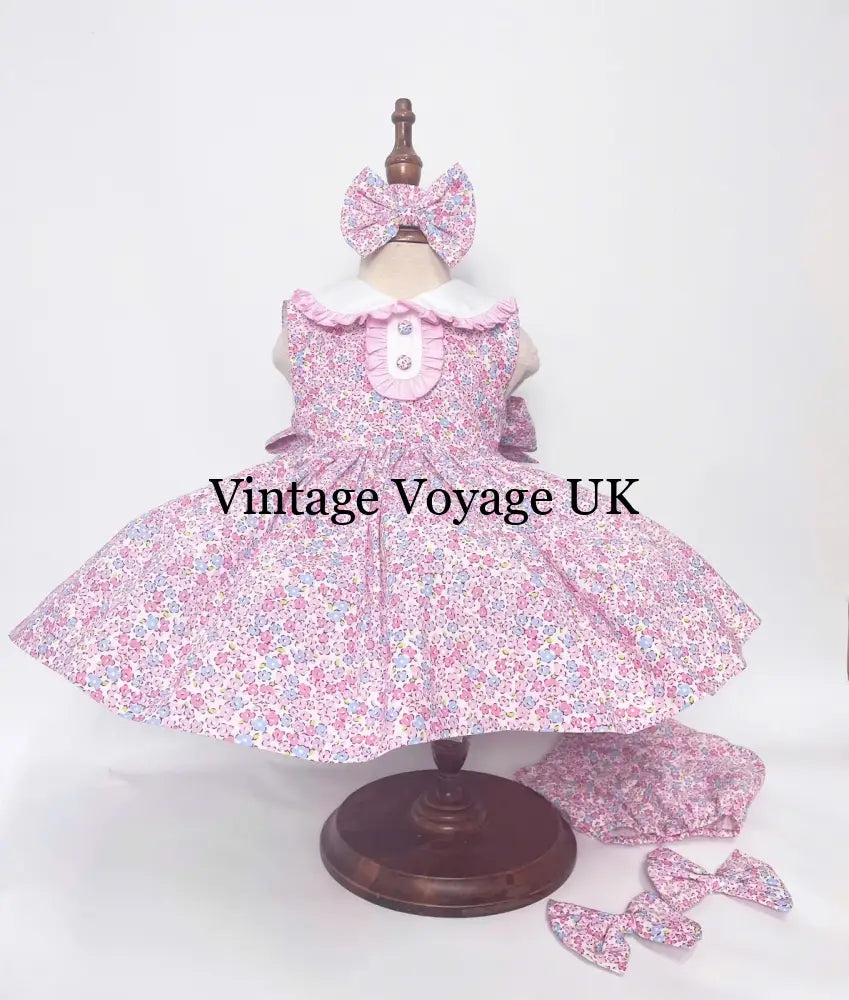 PRE-ORDER! NEW! COLETTE TRADITIONAL PINK FLORAL COTTON DRESS KNICKERS & HEADBAND OR BOWS 3 months Baby & Toddler Dresses