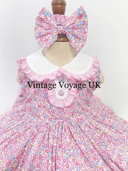 PRE-ORDER! NEW! COLETTE TRADITIONAL PINK FLORAL COTTON DRESS KNICKERS & HEADBAND OR BOWS Baby & Toddler Dresses