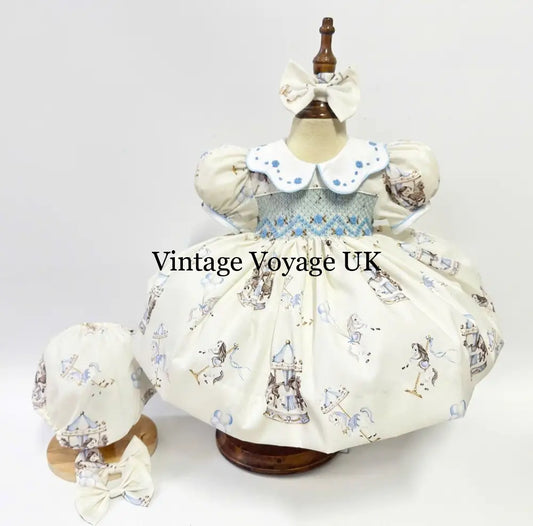 PRE-ORDER! NEW CUSTOM PRINT BLUE CAROUSEL HAND-SMOCKED BABY DRESS SET Baby & Toddler Dresses
