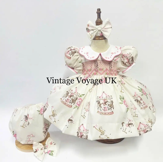 PRE-ORDER! NEW CUSTOM PRINT PINK CAROUSEL HAND-SMOCKED BABY DRESS SET NB-1 months Baby & Toddler Dresses