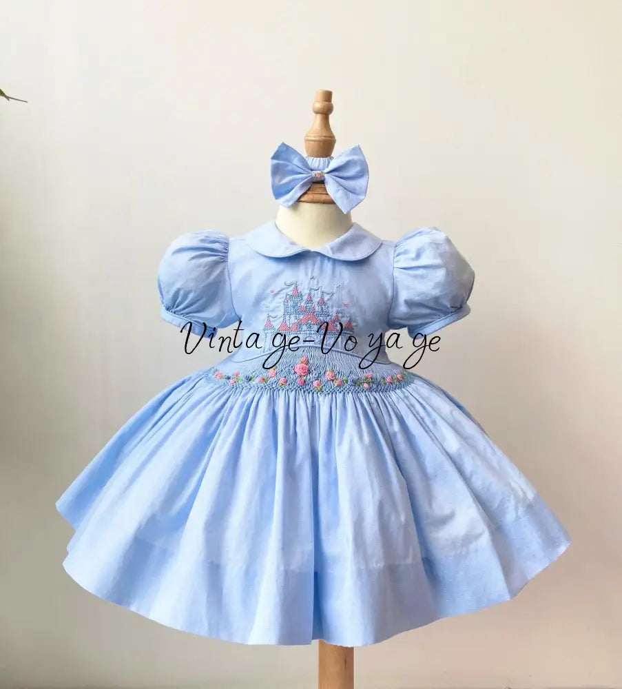 PRE-ORDER & GET NEXT WEEK❣️NEW👑DIANA SKY BLUE HAND-SMOCKED🧵🪡& EMBROIDERED DRESS & BOWS OR HEADBAND 🎀🎀 3M Baby & Toddler