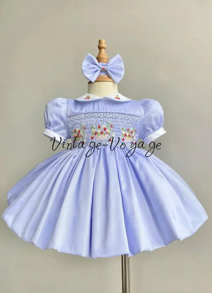 NEW🎄🧑‍🎄ELIZABETH STRAWBERRY🍓BASKET BABY BLUE HAND-SMOCKED🧵🪡👑DRESS & ACCESSORIES🎀 - 6m - Baby & Toddler Dresses