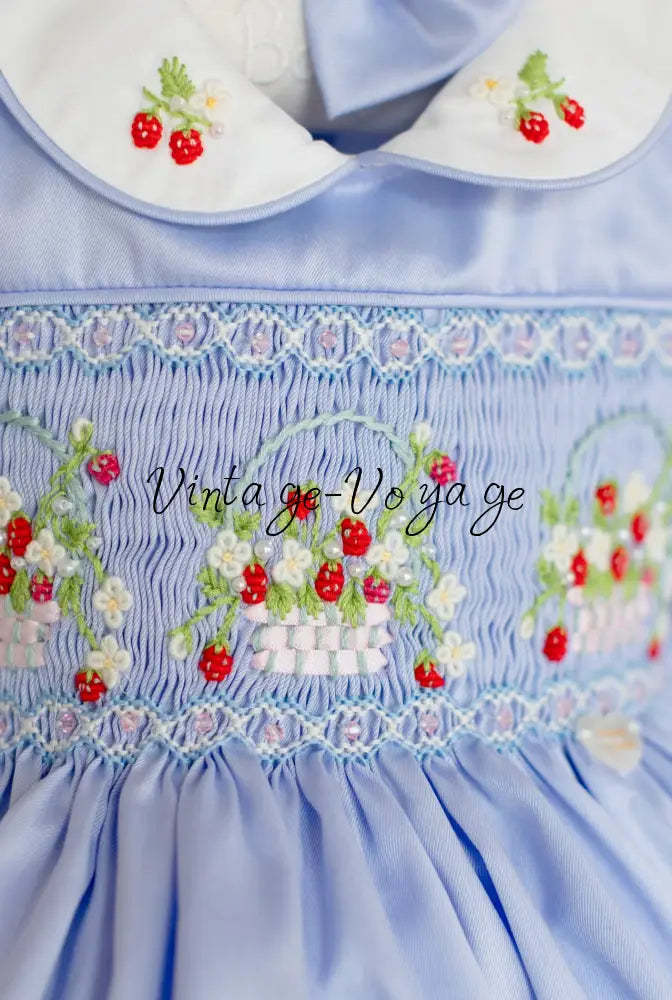 NEW🎄🧑‍🎄ELIZABETH STRAWBERRY🍓BASKET BABY BLUE HAND-SMOCKED🧵🪡👑DRESS & ACCESSORIES🎀 - Baby & Toddler Dresses