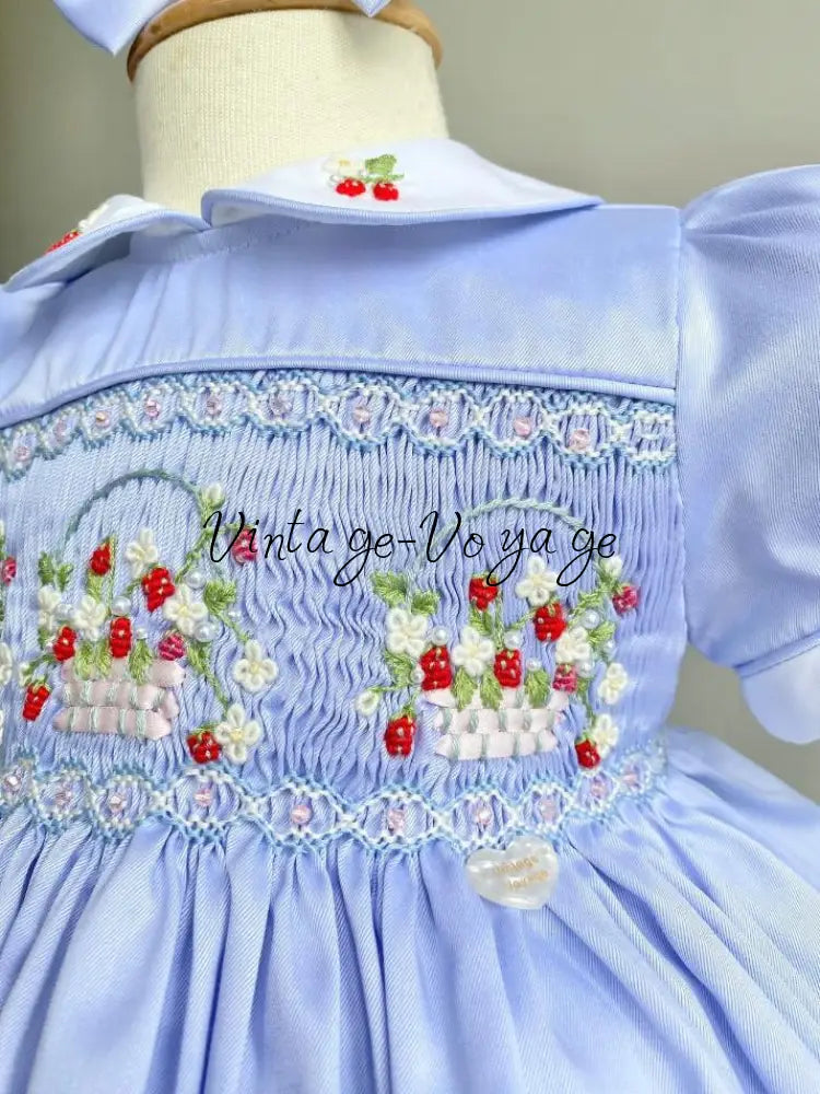 NEW🎄🧑‍🎄ELIZABETH STRAWBERRY🍓BASKET BABY BLUE HAND-SMOCKED🧵🪡👑DRESS & ACCESSORIES🎀 - Baby & Toddler Dresses