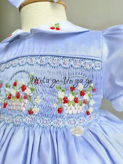 NEW🎄🧑‍🎄ELIZABETH STRAWBERRY🍓BASKET BABY BLUE HAND-SMOCKED🧵🪡👑DRESS & ACCESSORIES🎀 - Baby & Toddler Dresses