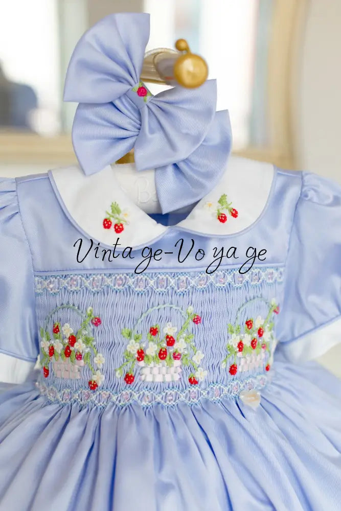 NEW🎄🧑‍🎄ELIZABETH STRAWBERRY🍓BASKET BABY BLUE HAND-SMOCKED🧵🪡👑DRESS & ACCESSORIES🎀 - Baby & Toddler Dresses