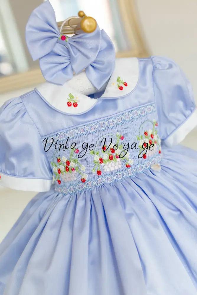 NEW🎄🧑‍🎄ELIZABETH STRAWBERRY🍓BASKET BABY BLUE HAND-SMOCKED🧵🪡👑DRESS & ACCESSORIES🎀 - Baby & Toddler Dresses