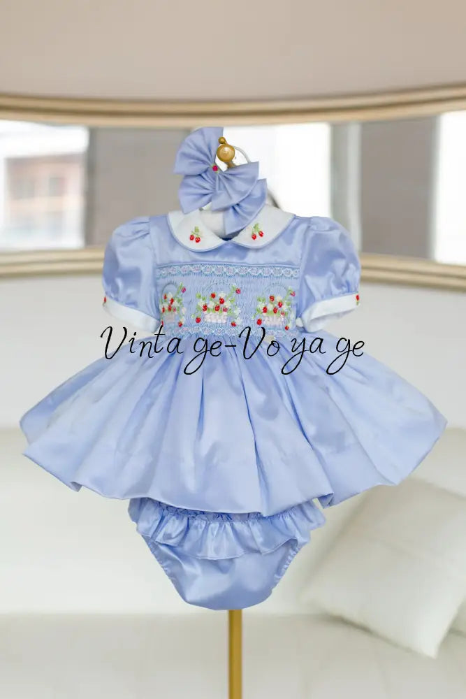 NEW🎄🧑‍🎄ELIZABETH STRAWBERRY🍓BASKET BABY BLUE HAND-SMOCKED🧵🪡👑DRESS & ACCESSORIES🎀 - Baby & Toddler Dresses