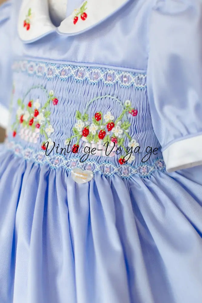NEW🎄🧑‍🎄ELIZABETH STRAWBERRY🍓BASKET BABY BLUE HAND-SMOCKED🧵🪡👑DRESS & ACCESSORIES🎀 - Baby & Toddler Dresses