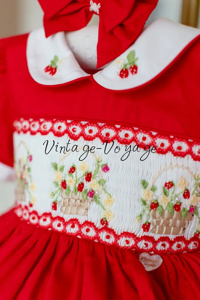 NEW🎄🧑‍🎄ELIZABETH STRAWBERRY🍓BASKET HAND-SMOCKED🧵🪡👑DRESS & ACCESSORIES🎀 - Baby & Toddler Dresses