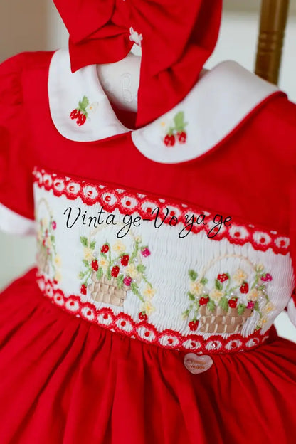 NEW🎄🧑‍🎄ELIZABETH STRAWBERRY🍓BASKET HAND-SMOCKED🧵🪡👑DRESS & ACCESSORIES🎀 - Baby & Toddler Dresses