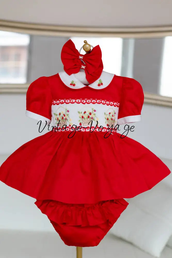 NEW🎄🧑‍🎄ELIZABETH STRAWBERRY🍓BASKET HAND-SMOCKED🧵🪡👑DRESS & ACCESSORIES🎀 - Baby & Toddler Dresses