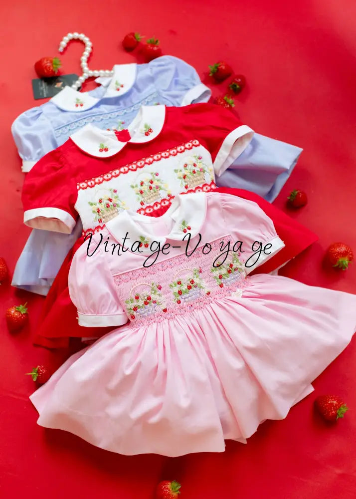 NEW🎄🧑‍🎄ELIZABETH STRAWBERRY🍓BASKET HAND-SMOCKED🧵🪡👑DRESS & ACCESSORIES🎀 - Baby & Toddler Dresses